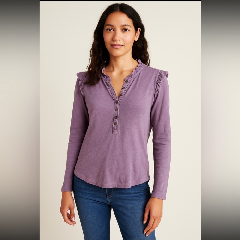 Pilcro Lilac Purple Ruffle Henley Long Sleeve Top Size Large Anthropologie